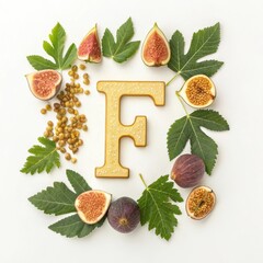 Golden letter f with fresh figs and green leaves arrangement