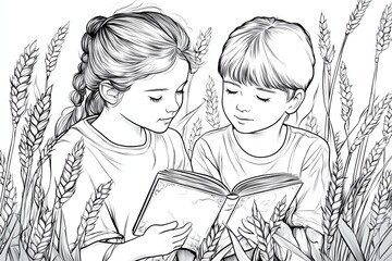 Line art of two children reading a book outdoors, surrounded by wheat stalks