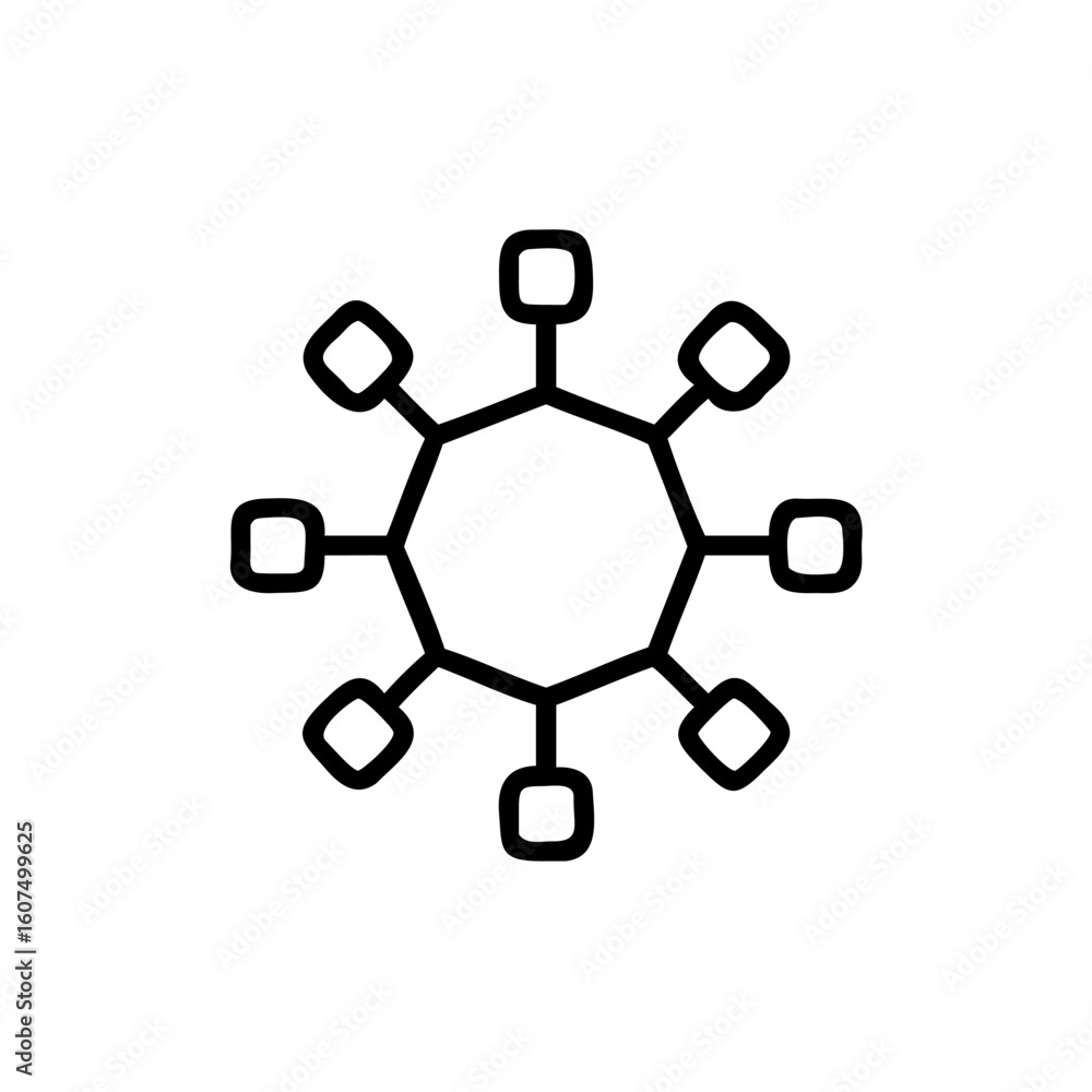 Poster outline a central hub connected to surrounding nodes network connection