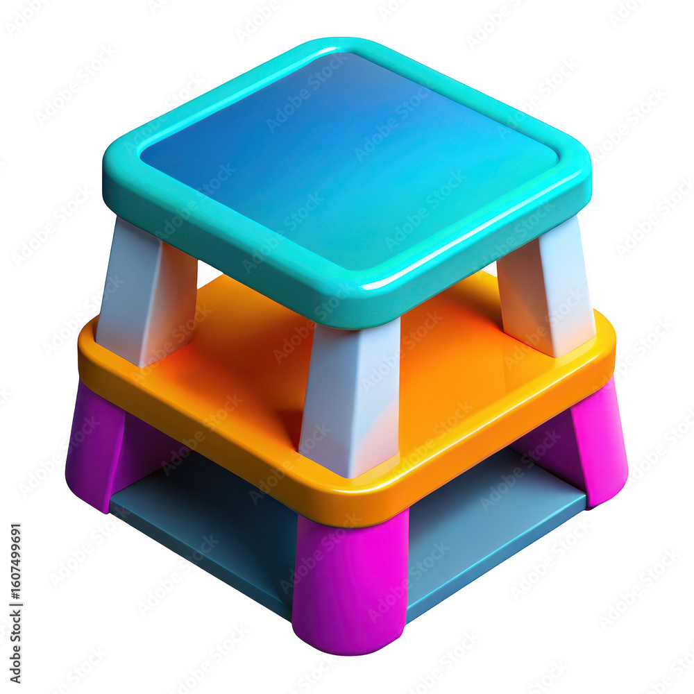 Poster colorful modern three tiered stool with rounded edges and gradient top surface isolated on transpare