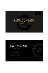 Modern black and gold business card for photographer. Stylish layout with lens icon, clean typography, and placeholders for contact info and social media. Ideal for creative branding