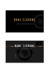 Modern black and gold business card for photographer. Stylish layout with lens icon, clean typography, and placeholders for contact info and social media. Ideal for creative branding