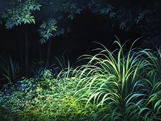 Lush grass and foliage at night
