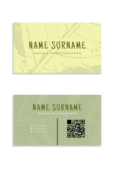 Nature-themed business card template for a photographer. Green leaf background, minimalist layout, QR code, and contact icons. Ideal for eco-friendly branding and natural photography