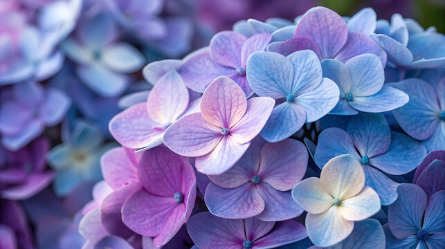 A beautiful closeup of a vibrant purple and blue hydrangea flower cluster