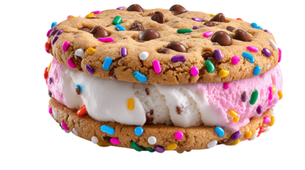 Ice cream sandwich with chocolate chip cookies and confetti coating, transparent background 