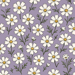 Seamless pattern of hand-drawn white daisies and cosmos flowers with yellow centers and green leaves on a lavender purple background. A charming, retro floral illustration for textiles