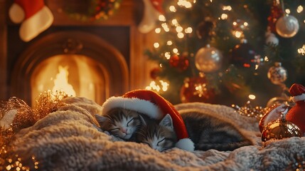 Festive feline slumber: Cozy kittens nap by the fireside on Christmas night