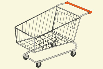  shopping cart, metal wire basket, orange handle, empty, yellow background, minimalist, 3d render, high contrast, minimalist design