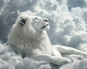 Majestic white lion rests serenely amidst fluffy clouds, gazing upward in a breathtaking scene