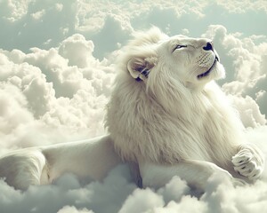 Majestic white lion rests serenely amidst fluffy clouds, gazing upward in a breathtaking scene