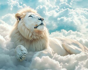 Majestic white lion rests serenely amidst fluffy clouds, gazing upward in a breathtaking scene