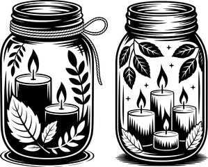 Black and white silhouette of autumn-themed mason jar centerpiece with glowing candle, leaf cutouts, twine wrap, and stencil texture, ideal for tattoo design, fall decor, and seasonal vector illustrat