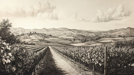 Monochrome engraving shows a vineyard stretching to distant hills under a pale sky