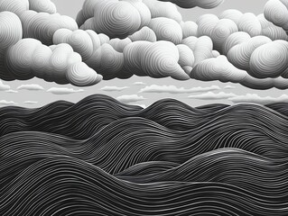 Monochrome illustration rolling hills comprised of lines under cloudy sky
