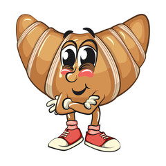 funny croissant mascot character arms crossed in sneakers, cute bakery bread cartoon vector isolated illustration, work of hand drawn