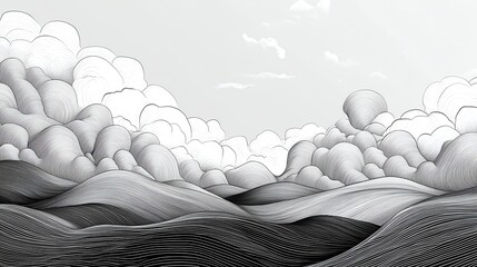 Monochrome illustration rolling hills comprised of lines under cloudy sky