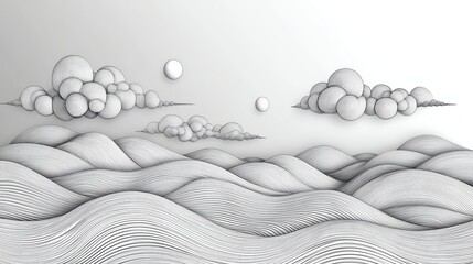 Monochrome illustration rolling hills comprised of lines under cloudy sky