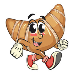 funny croissant mascot character walking in sneakers, cute bakery bread cartoon vector isolated illustration, work of hand drawn