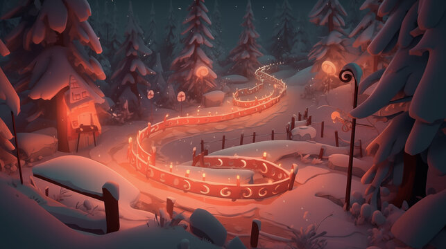 Whimsical Cartoon Scene of a Candy Cane Path Winding Through a Snowy Forest with Festive Christmas Trees
