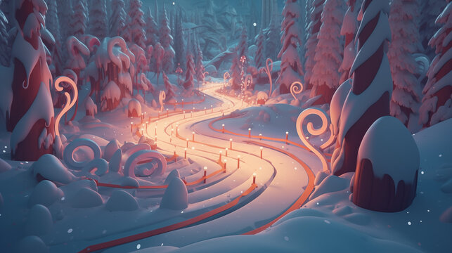 A Winding Candy Cane Path Through a Cartoon Snowy Forest with Whimsical Christmas Trees and Playful Design