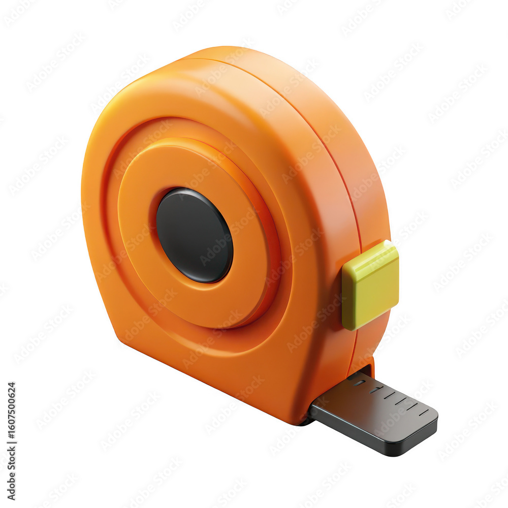 Poster bright orange measuring tape tool with yellow button and metal end isolated on transparent backgroun