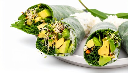 Avocado and Rice Rolls in Green Leaves, Isolated on White Background