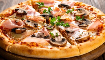 Ham and Mushroom Pizza on Wooden Board