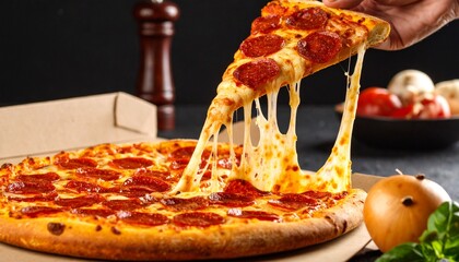Pepperoni Pizza Slice Being Lifted, Isolated on Black Background