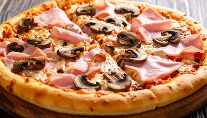 Ham and Mushroom Pizza Slice, Close-up View with Wooden Background