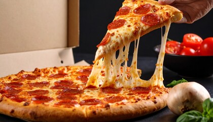 Pepperoni Pizza Slice Being Lifted, Isolated on Black Background