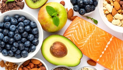 Healthy Foods Arranged in Flatlay with White Background