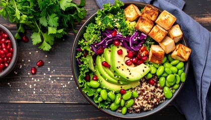 Vegan Buddha Bowl with Tofu, Isolated on Dark Brown Wooden Background