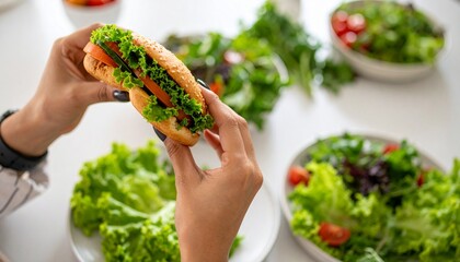 Woman Holding Veggie Burger in Hands with Salad