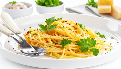 Spaghetti Aglio e Olio with Parsley, Isolated on White Background