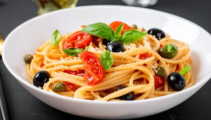 Spaghetti with Tomatoes, Olives, and Capers in White Bowl
