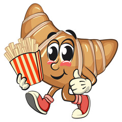 funny croissant mascot character brought a box of french fries in sneakers, cute bakery bread cartoon vector isolated illustration, work of hand drawn