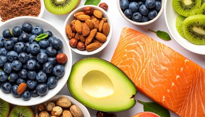 Healthy Foods Arranged Flatlay with Salmon, Isolated on White Background