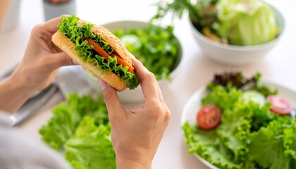Lettuce and Tomato Sandwich in Hands with Salad Background
