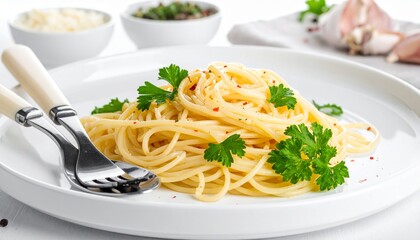Spaghetti Aglio e Olio with Parsley, Isolated on White Background