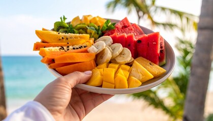Tropical Fruit Platter in Hand with Ocean View