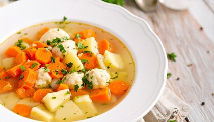 Chicken Meatball Soup in Bowl with Carrots and Potatoes