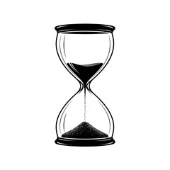 A black and white illustration of an hourglass with sand flowing through it