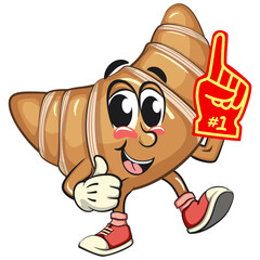 funny croissant mascot character raise foam finger in sneakers, cute bakery bread cartoon vector isolated illustration, work of hand drawn