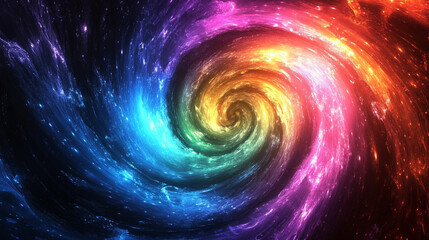 Dynamic cosmic spiral vortex of swirling multicolor waves bursting with vibrant digital light and motion, evoking chaos, energy, and futuristic abstract technology in bright, blurred tones.

