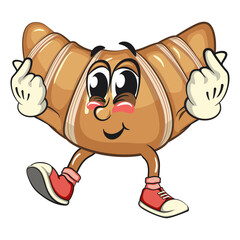 funny croissant mascot character giving a sign of love with two hand in sneakers, cute bakery bread cartoon vector isolated illustration, work of hand drawn
