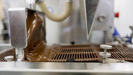 Chocolate production line depositing melted chocolate into molds