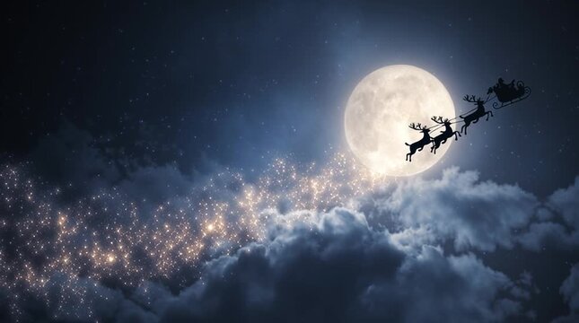A silhouette of Santa&rsquo;s sleigh and reindeer flying across a glowing full moon on a starry night, leaving behind a sparkling trail of magic and Christmas wonder.
