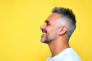 Obraz premium Trendy men's spiky hair haircut - midlife arabian man with short hair. Yellow solid background. A midlife man posing for a portrait. Creative layout of style for aging men.