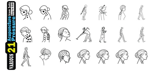 Black and White Line Art Acupuncture Points on Human Body and Head Icons acupressure